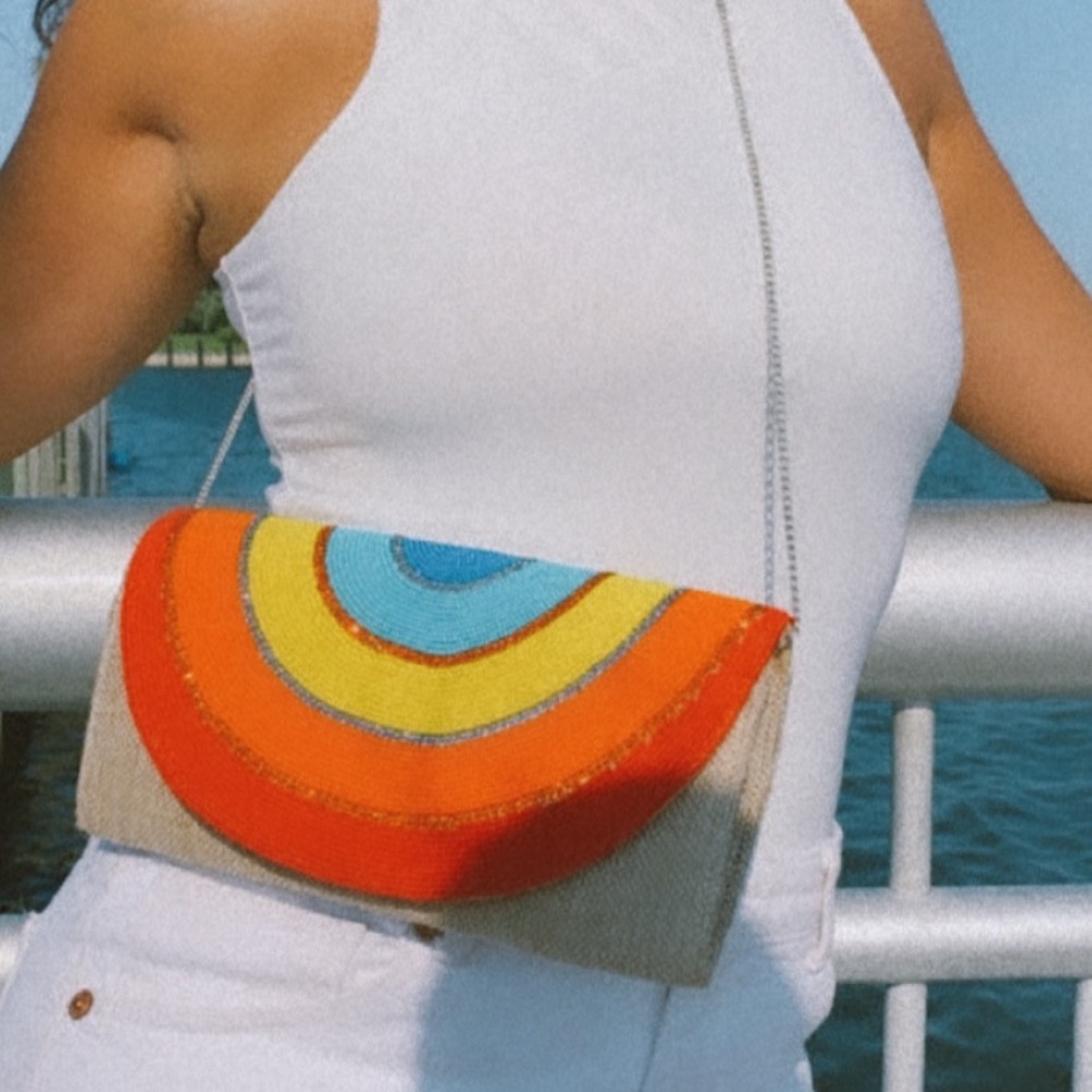 Beaded clutch with rhinestone accents